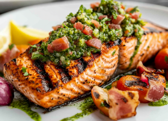 Grilled Salmon with Bacon and Green Salsa